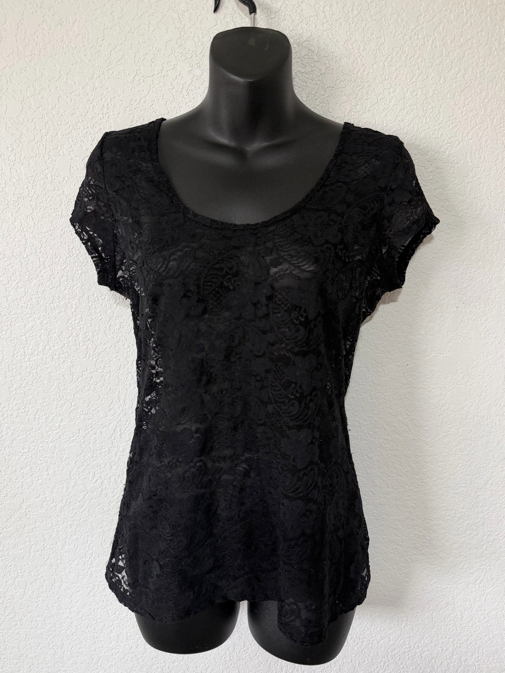 American Rag Black Lace Short Sleeve Scoop Neck Top